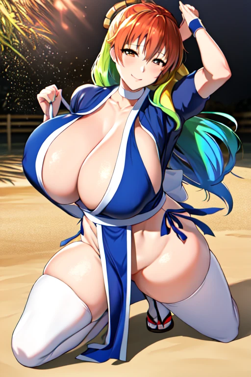 masterpiece, best quality, beautiful art, high resolution, well formed hands, body and fingers, 1 woman, solo, Lucoa, 31 years old, hair ornament,  adult, grown up, big breasted, cleavage,  full body, braided long hair, blue_japanese_clothes, wearing DOA Kasumi's blue kunoichi dress, sexy and skimpy japanese clothes, kimono peek, sleeveless, panties peek, white stockings, gorgeous legs and thighs, fighting in a combat match, showing her fighting skills, making her guard, about to hit the viewer, looking at the viewer, camera focus on her bouncing breasts, sweating, bouncing breasts, smiling joyfully and brightly, seductive face, being confident and proud, action and fighting scene, martial arts tournament on the beach 