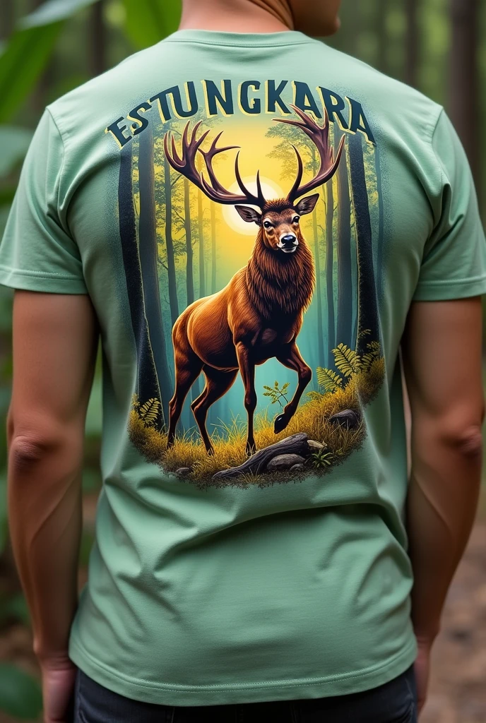 Shirt with a picture of a deer that says ESTUNGKARA , picture taken from the back