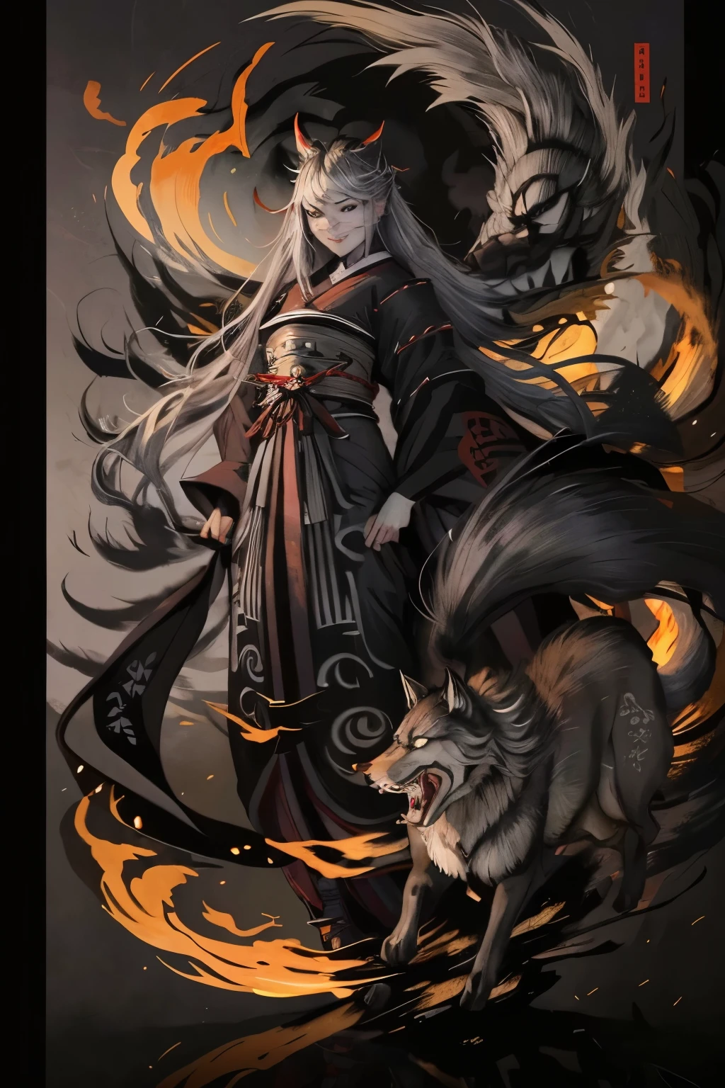 (Highest quality:1.2)。Nocturnal ghosts。One Woman。Beautiful woman。Grey longhair。gray wolf ears。The tail of a gray wolf。A dark gray kimono。Black Hakama。A samurai's sword。Warlike smile。A toothy grin。He walks towards me with his shoulders hunched。The background is a burning flame。