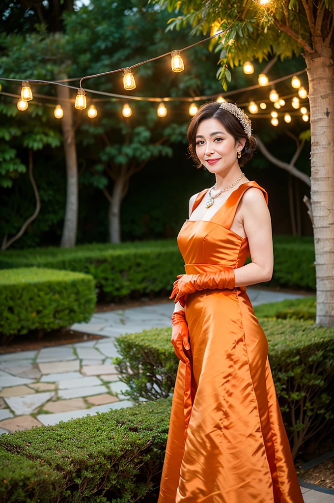 ((Masterpiece)), ((Best Quality)), A middle-aged short-hair woman, ((She is wearing an ornamental light orange satin wedding dress)), She is wearing gloves on her hands., outdoor, She is in a garden. She is wearing a big necklace.