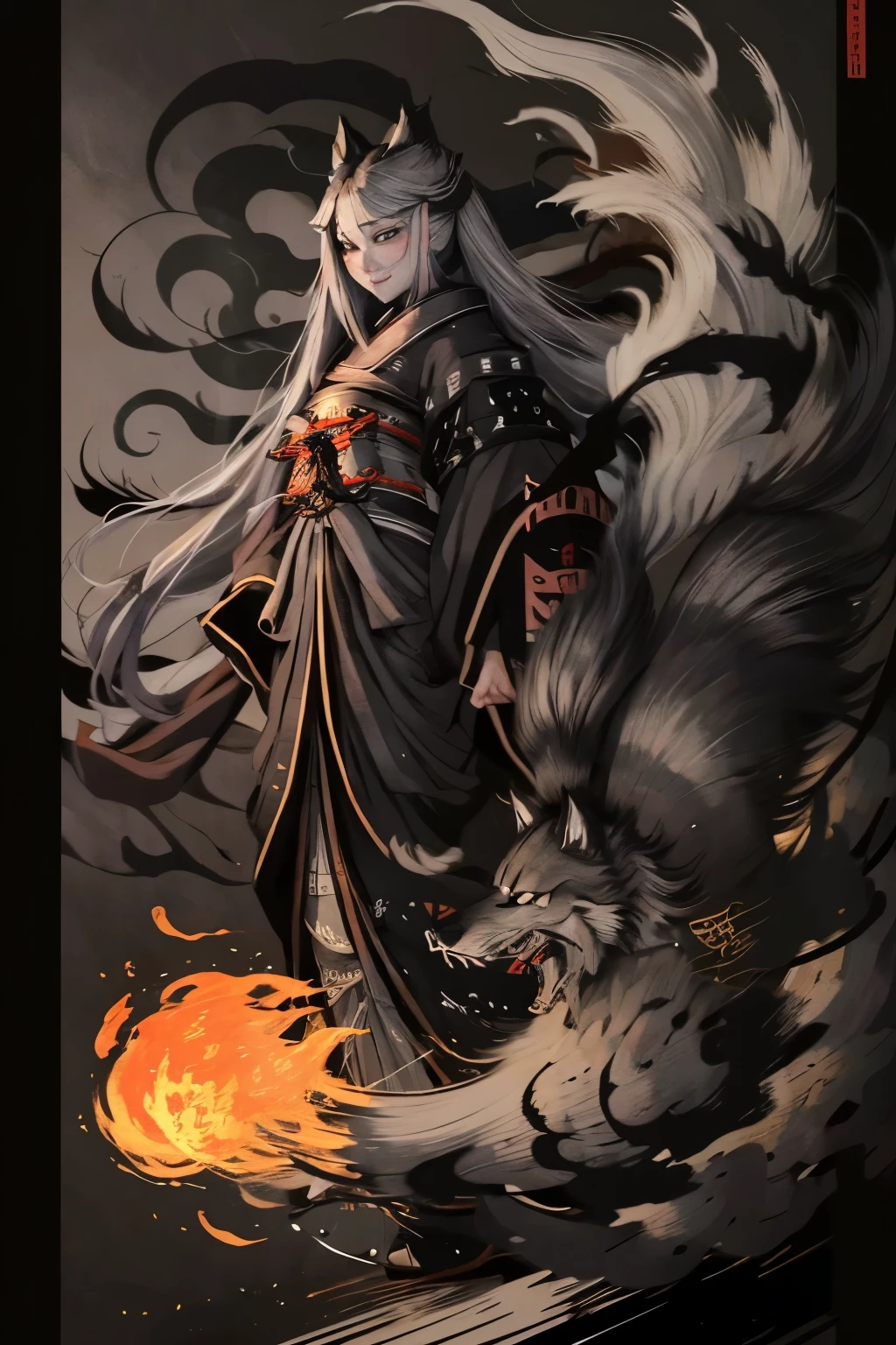 (Highest quality:1.2)。Nocturnal ghosts。One Woman。Beautiful woman。Grey longhair。gray wolf ears。The tail of a gray wolf。A dark gray kimono。Black Hakama。A samurai's sword。Warlike smile。A toothy grin。He walks towards me with his shoulders hunched。The background is a burning flame。