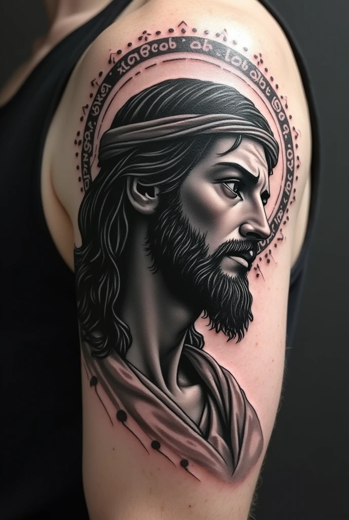 black and grey profile tattoo of Jesus before being crucified