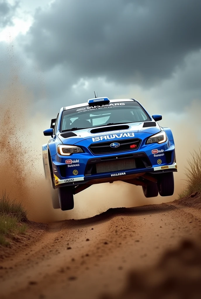 arafed blue and white subaru wrc rally car driving on dirt road with clouds in background, motorsports photography, rally driving photo, car jumping, dirt and grawel in air, rally car, car jump, off - road, leaping into the air, kicking up dirt, motor sport photography, vehicle photography, leaping, flying mud, action sports photography, action photography, trophy truck