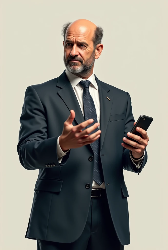 A middle-aged man with a half bald head and a smug look on his face, wearing a crumpled business suit and tie. He has a confident but awkward demeanor, holding a smartphone in one hand and gesticulating with the other as if he were presenting something important. His posture is slightly hunched and his facial expression is a mixture of self-confidence and uncertainty. The background is plain, focusing entirely on the character's appearance and personality., master part, extremely detaild, best qualityer, extremely detaild, as dr. Gregory House. (8k, top-quality, best qualityer, Masterpiece artwork, highy detailed: 1.2), (de meio corpo:1.3)