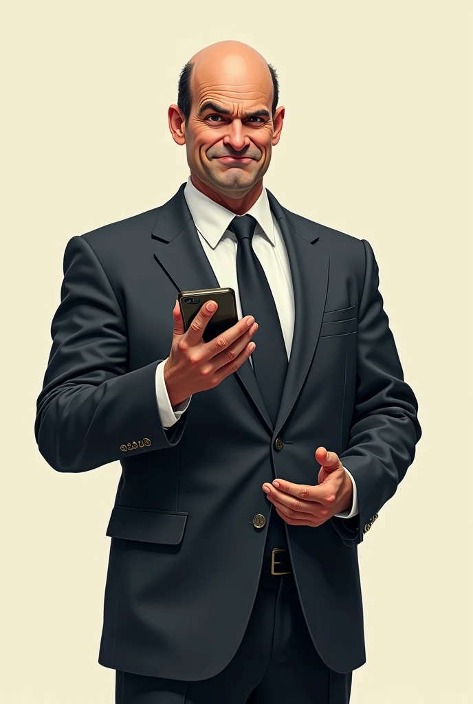 A middle-aged man with a half bald head and a smug look on his face, wearing a crumpled business suit and tie. He has a confident but awkward demeanor, holding a smartphone in one hand and gesticulating with the other as if he were presenting something important. His posture is slightly hunched and his facial expression is a mixture of self-confidence and uncertainty. The background is plain, focusing entirely on the character's appearance and personality., master part, extremely detaild, best qualityer, extremely detaild, as dr. Gregory House. (8k, top-quality, best qualityer, Masterpiece artwork, highy detailed: 1.2), (de meio corpo:1.3)