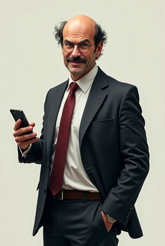 A middle-aged man with a half bald head and a smug look on his face, wearing a crumpled business suit and tie. He has a confident but awkward demeanor, holding a smartphone in one hand and gesticulating with the other as if he were presenting something important. His posture is slightly hunched and his facial expression is a mixture of self-confidence and uncertainty. The background is plain, focusing entirely on the character's appearance and personality., master part, extremely detaild, best qualityer, extremely detaild, as dr. Gregory House. (8k, top-quality, best qualityer, Masterpiece artwork, highy detailed: 1.2), (de meio corpo:1.3)