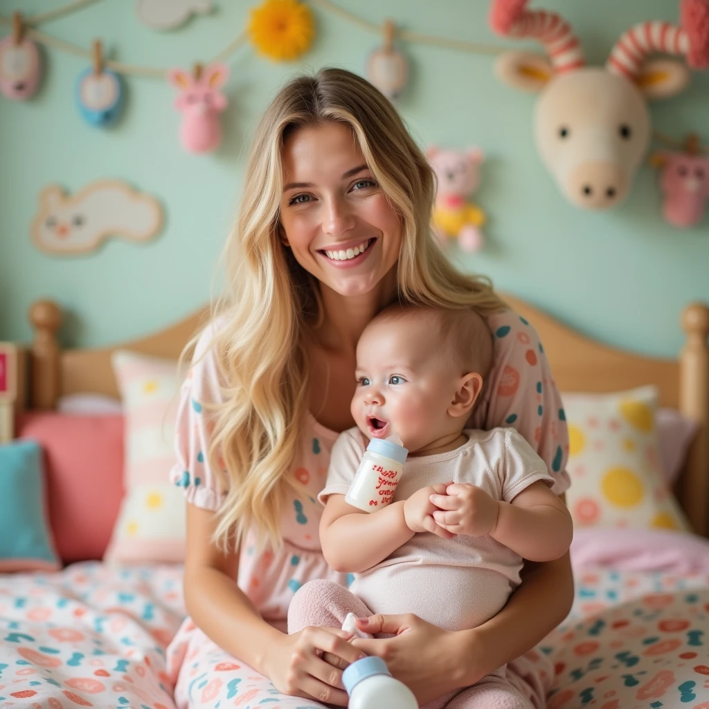 POV towards a cute sexy busty loving young 20 year old blond mother wearing a pastel colored dress. She is looking into the camera with a baby bottle in her hand, leaning forward showing a revealing cleavage, in a colorful childish boy bedroom. shot with Sony Alpha A6500 1.4f, bokeh, highly detailed, masterpiece, 