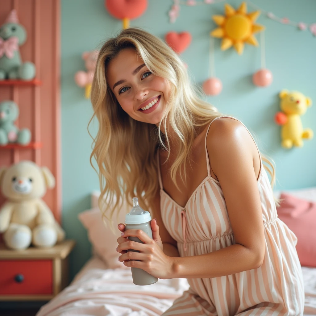 A high quality photo of a beautiful slim girl., (s: 1.5), (without pink satin panties.: 1.3), (She was wearing a pink satin crop top.: 1.3), In his bedroom. realistic anatomy. very long wavy blonde hair, detailed attractive face, beautiful happy smile, standing, With your back to the viewer, looking at the viewer