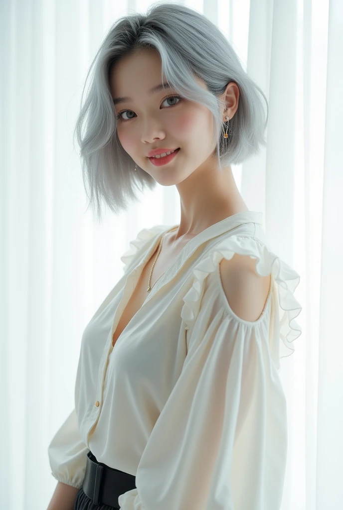 (8k, Realistic, RAW Photos, Highest quality: 1.4, detailed),A Japanese idol-like beautiful girl,model,1 person,18-year-old,(Short Bob),(Silver Hair :1.1),She has her hair tucked behind her ears,Large, clear gray eyes,Long eyelashes,(piercings(small)),(Lip gloss),lips(Plump,glossy),thin long neck,Thin and delicate shoulders,Ruffled sleeve blouse(shirring,Hemming out),Wide leg pants(Long length(Ankle-length :1.1)),Sandals on bare feet,studio,Front view,Full body portrait