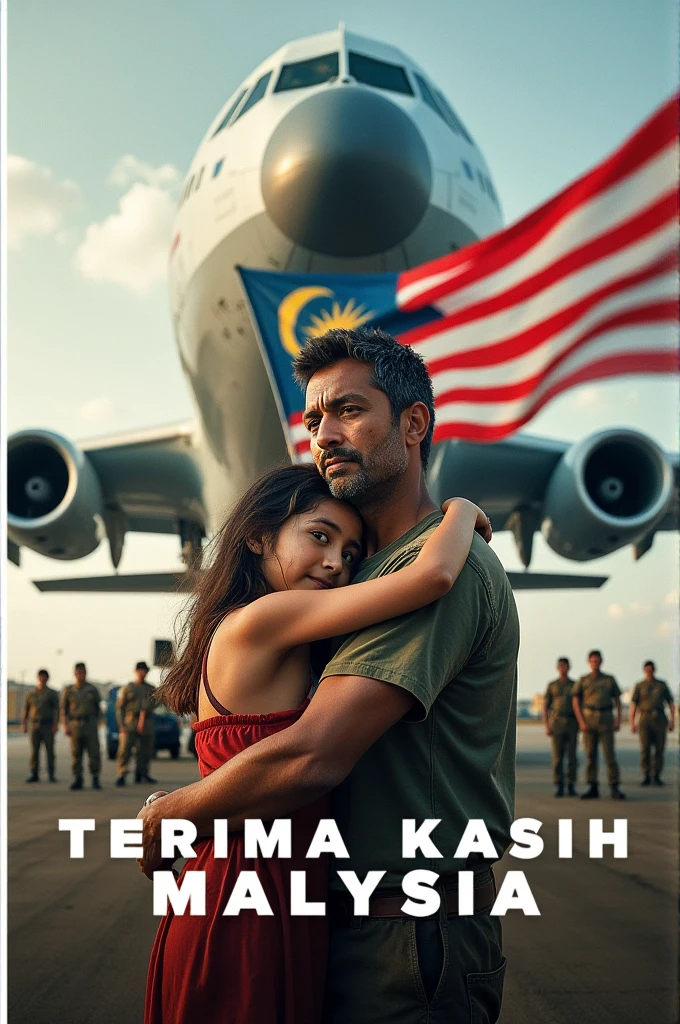 profesional poster movie, large bold thick title "TERIMA KASIH MALAYSIA" in the middle of the image, double exposure, photo ultra realistic hdr, masterpiece, close-up shot of a father hugging his daughter tightly to his chest, dressed ragged and dirty, background A400 military Airbus plane, surrounded with Malaysian military, Malaysian flag waving, sharp, hd, highly detailed, realistic detailed,
