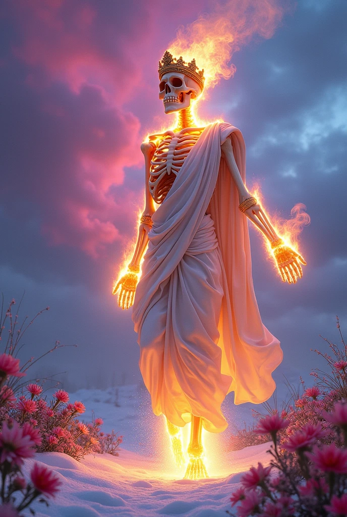(photorealism:1.2), burning skeleton, wearing white toga, with crown, in the snow, psychedelic sky, flower in background, levitating, realistic, intricate details, bright colors.