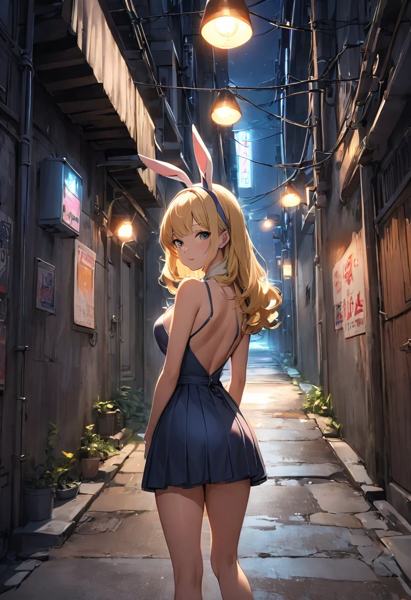 Bunny girl,Back Alley,night,electric lights,