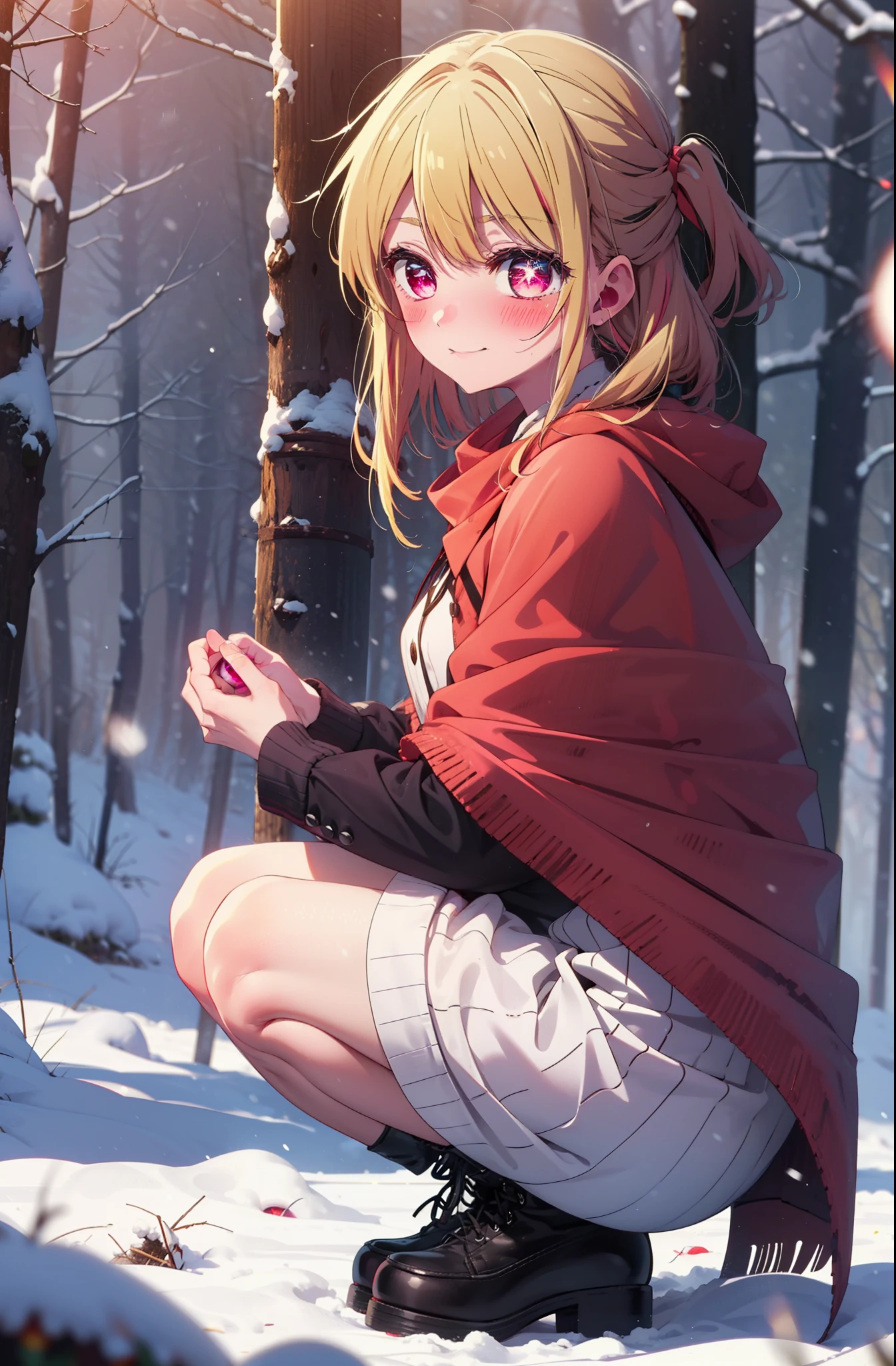 rubyhoshino, Hoshino Ruby, Long Hair, bangs, Blonde, (Pink Eyes:1.3), Side Lock, (Symbol-shaped pupil:1.5), Multicolored Hair, Two-tone hair, smile,,smile,blush,white breath,
Open your mouth,snow,Ground bonfire, Outdoor, boots, snowing, From the side, wood, suitcase, Cape, Blurred, , forest, White handbag, nature,  Squat, Mouth closed, Cape, winter, Written boundary depth, Black shoes, red Cape break looking at viewer, Upper Body, whole body, break Outdoor, forest, nature, break (masterpiece:1.2), Highest quality, High resolution, unity 8k wallpaper, (shape:0.8), (Beautiful and beautiful eyes:1.6), Highly detailed face, Perfect lighting, Highly detailed CG, (Perfect hands, Perfect Anatomy),