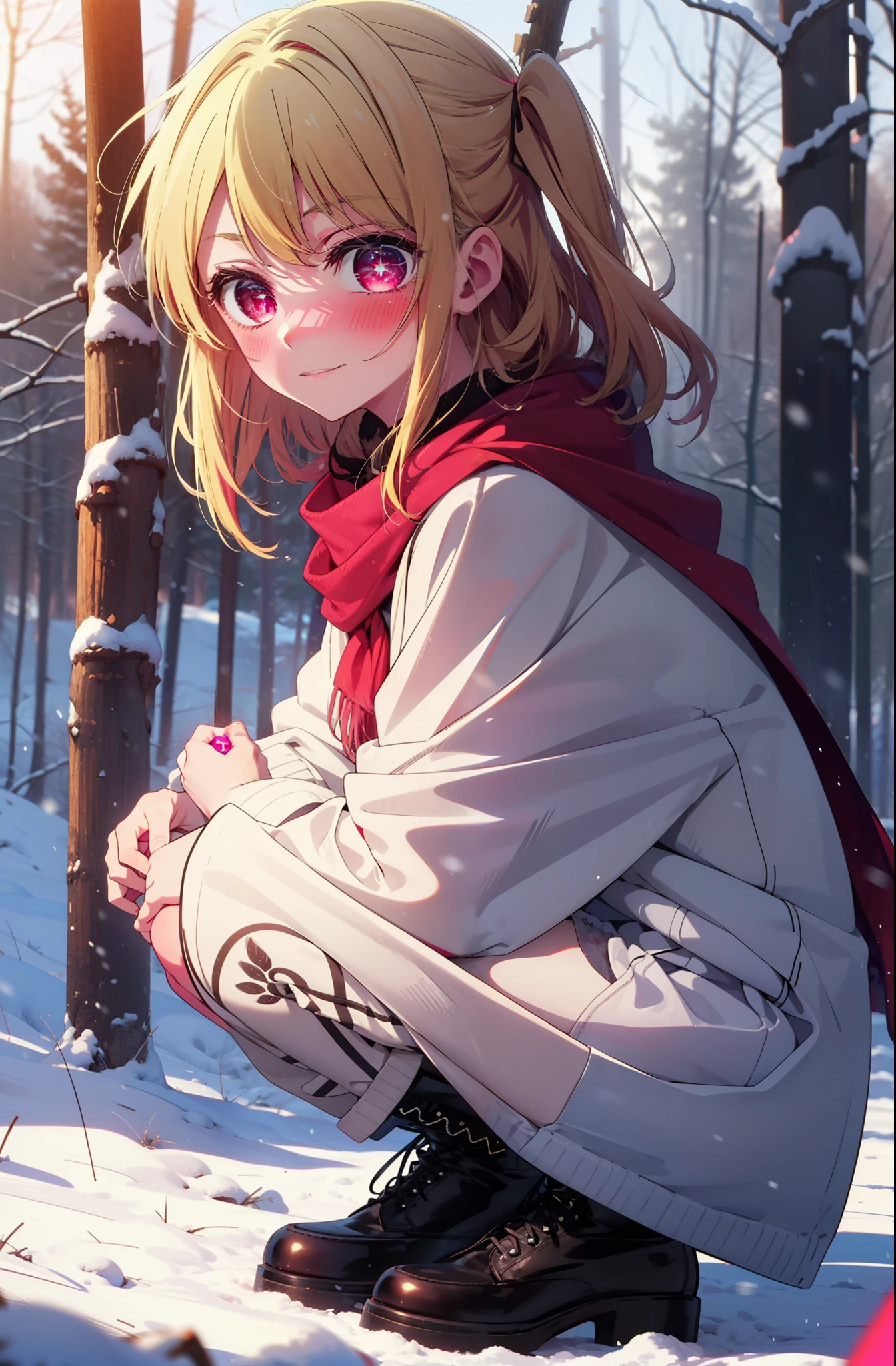 rubyhoshino, Hoshino Ruby, Long Hair, bangs, Blonde, (Pink Eyes:1.3), Side Lock, (Symbol-shaped pupil:1.5), Multicolored Hair, Two-tone hair, smile,,smile,blush,white breath,
Open your mouth,snow,Ground bonfire, Outdoor, boots, snowing, From the side, wood, suitcase, Cape, Blurred, , forest, White handbag, nature, Squat, Mouth closed, Cape, winter, Written boundary depth, Black shoes, red Cape break looking at viewer, Upper Body, whole body, break Outdoor, forest, nature, break (masterpiece:1.2), Highest quality, High resolution, unity 8k wallpaper, (shape:0.8), (Beautiful and beautiful eyes:1.6), Highly detailed face, Perfect lighting, Highly detailed CG, (Perfect hands, Perfect Anatomy),