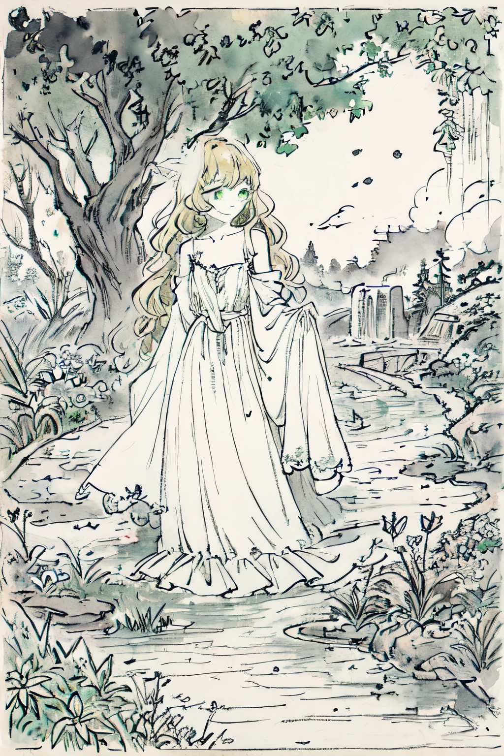 software,Tabletop, Highest quality, High resolution, One Girl, whole body, Details Girl, Hands on the details, Finger details, Detailed aspect, Leg Details, One Girl, Fairy, Looking down, garden, Black Sky, smog, Watercolor, Pale skin, , Blonde, Long Hair, Wavy Hair, Sad, Sad smile, Green Eyes, puppet, Medium chest, White sundress, Bare back, Kneel, Planting trees
