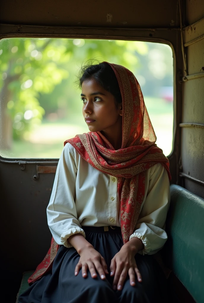 One 18 years school girl sitting at the van wearing traditional Assamese karimganj kishur bikash h s school dress head and heir full cover by her scarf looking at the left downside her nature is shy