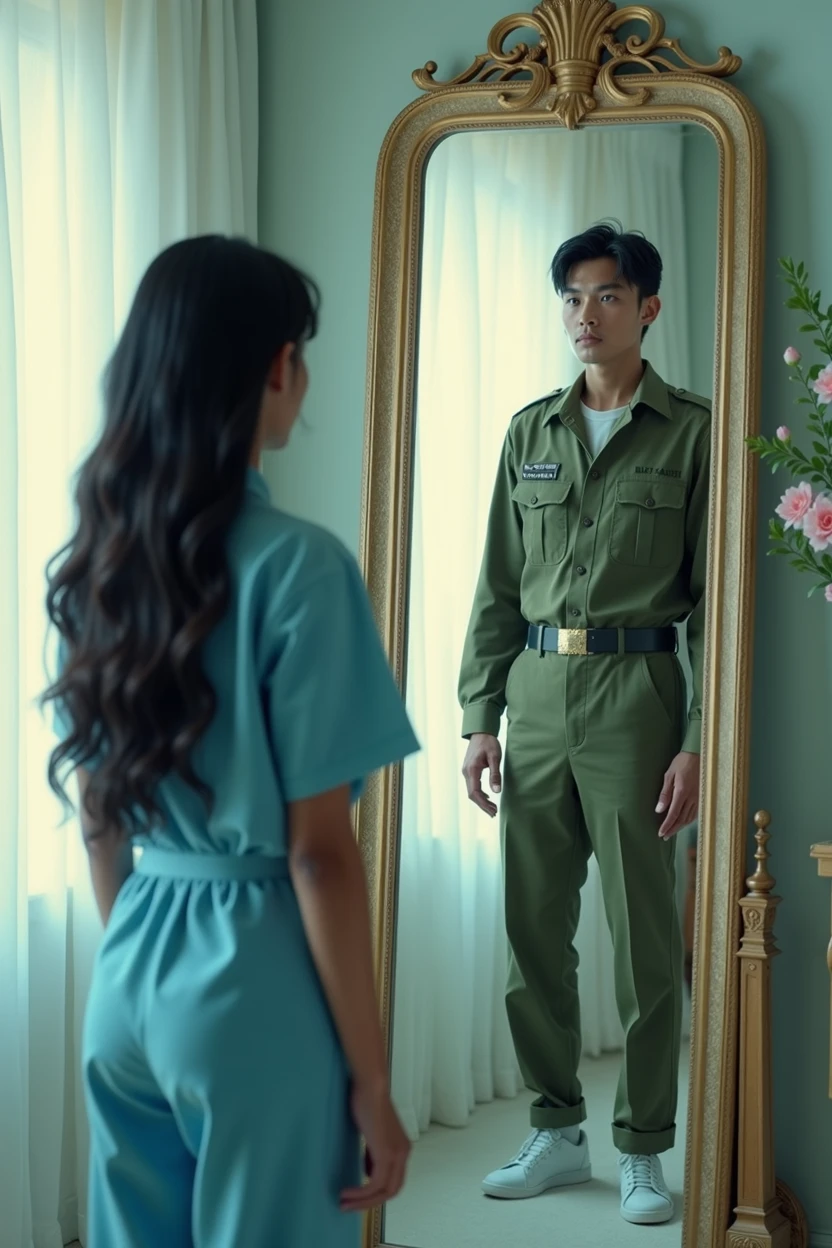 Prompts
Copy
A girl, tanned skin, long hair black hair,hanging over her chest, wearing a sky colour OT dress of doctors, standing Infront of a mirror,the room looks dreamy,a military man wearing olive colour uniform,clean shaved , handsome,enter the room by opening the door, long hair upto waist,ot dress long pant and shirt,sky colour, hair long , hair open
INFO