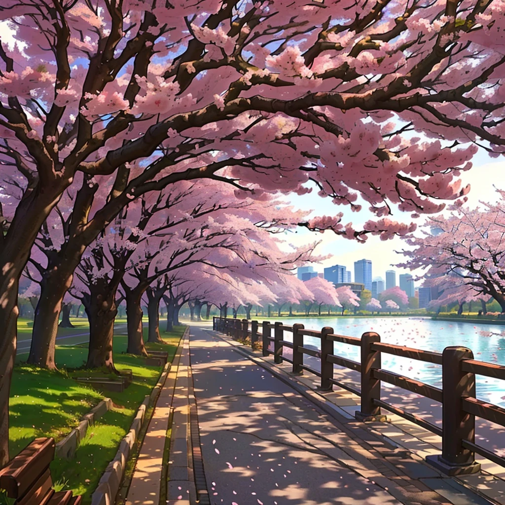 a bench stands by the water under the tree, Cherry blossom trees, city of spring season, Sakura trees, cherry trees, A blossoming path to paradise, Cherry tree, Cherry blossom trees, Cherry blossom season, lush Sakura trees, Cherry blossom tree, City park with flowers, perfect spring day with, Breathtakingly beautiful trees