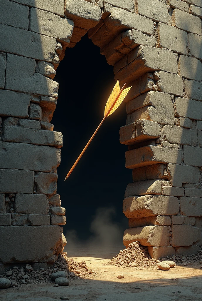Broken wall with an arrow coming out of it in a sudden and stylish way ( It's an arrow, not a dart.) 
