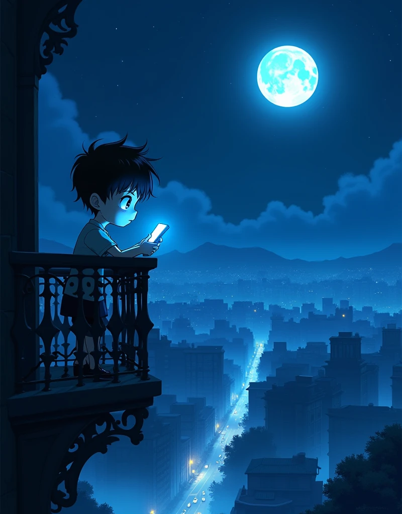 Create a anime landscape image. A chibi-style anime and comic book illustration featuring a melancholic boy leaning over the balustrade of a dark, moonlit balcony. The boy is with a sleek, futuristic smartphone – its illuminated screen casting blue light onto his disheartened face as he remains lost in thought. A faint mist hangs over the cityscape below, lending a somber atmosphere stacked with anxiety, sorrow, and the subtle remnants of romance. The symphony of sympathetic links webbing this illustrated tale through vibrant ink accentuated by prismatic glass shatter effects makes for a provocative scene. - end of prompt
