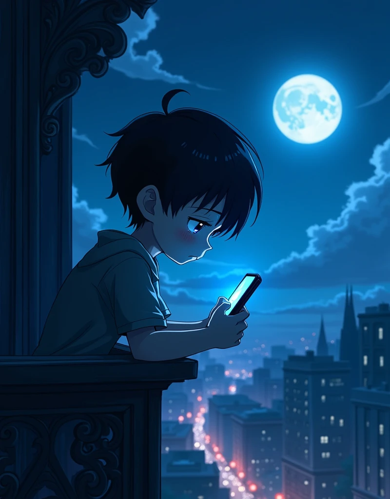 Create a anime landscape image. A chibi-style anime and comic book illustration featuring a melancholic boy leaning over the balustrade of a dark, moonlit balcony. The boy is with a sleek, futuristic smartphone – its illuminated screen casting blue light onto his disheartened face as he remains lost in thought. A faint mist hangs over the cityscape below, lending a somber atmosphere stacked with anxiety, sorrow, and the subtle remnants of romance. The symphony of sympathetic links webbing this illustrated tale through vibrant ink accentuated by prismatic glass shatter effects makes for a provocative scene. - end of prompt