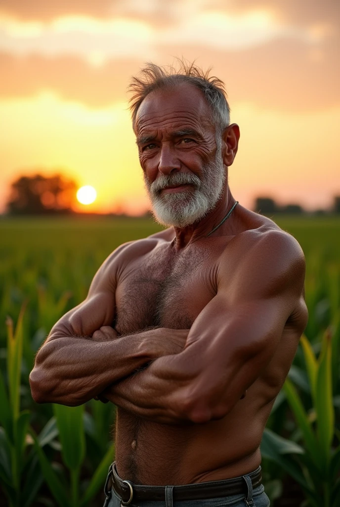 Muscular old man, farmer, topless, huge muscles