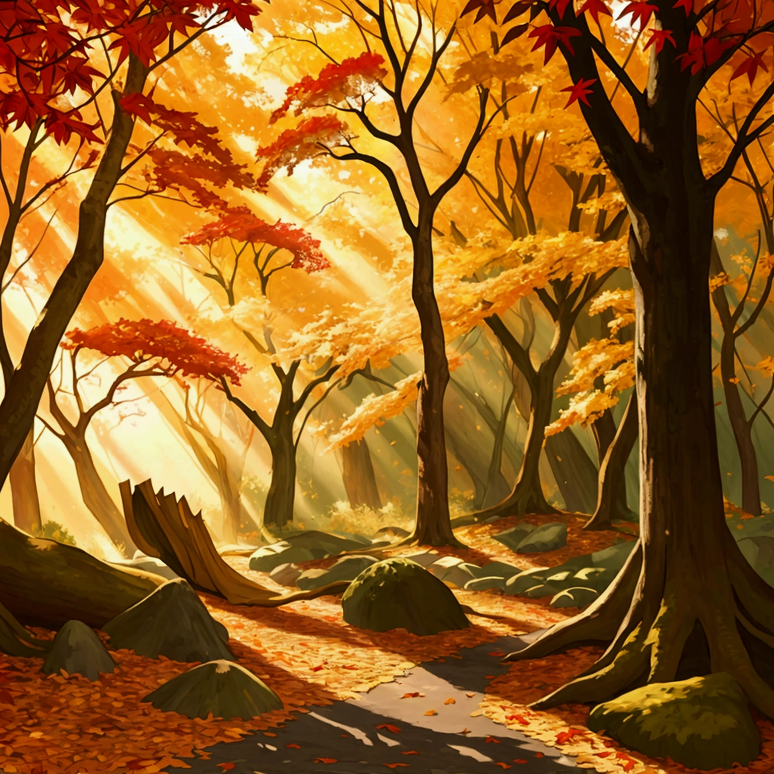 best quality,Super detailed,actual,landscape,autumn,beautiful warm tones,sunlight streaming through the woods,vibrant leaves,peaceful atmosphere,fresh air,subtle mist,fallen leaves covering the ground,Sunlight shines through the tree canopy,dappled light,Quiet silence,Sturdy trunk,Majestic branches reaching toward the sky,layers of leaves gently floating in the air,delicate autumn leaf dancing in the wind,richly textured bark,Lovely orange tones,Red,Golden yellow,a colorful tapestry of leaves carpeting the forest floor,the whispering rustle of leaves,moss-coveRed rocks and fallen logs,golden hour lights,Peaceful and quiet atmosphere.