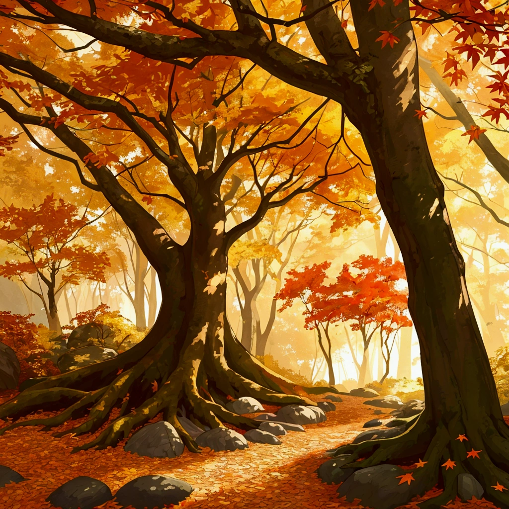 best quality,Super detailed,actual,landscape,autumn,beautiful warm tones,sunlight streaming through the woods,vibrant leaves,peaceful atmosphere,fresh air,subtle mist,fallen leaves covering the ground,Sunlight shines through the tree canopy,dappled light,Quiet silence,Sturdy trunk,Majestic branches reaching toward the sky,layers of leaves gently floating in the air,delicate autumn leaf dancing in the wind,richly textured bark,Lovely orange tones,Red,Golden yellow,a colorful tapestry of leaves carpeting the forest floor,the whispering rustle of leaves,moss-coveRed rocks and fallen logs,golden hour lights,Peaceful and quiet atmosphere.