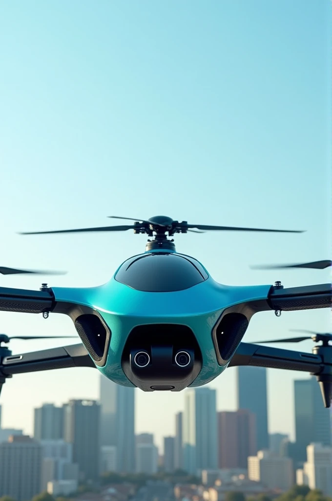 A drone with four propellers and a single helicopter-style propeller on top. The top propeller is half the diameter of a traditional helicopter propeller. The drone is designed to carry four passengers. Its appearance is inspired by sporty cars with a sleek and aerodynamic design. The color scheme includes bright sky blue and turquoise. The drone has a futuristic and elegant look, combining the aesthetics of high-performance sports cars with advanced aviation technology.