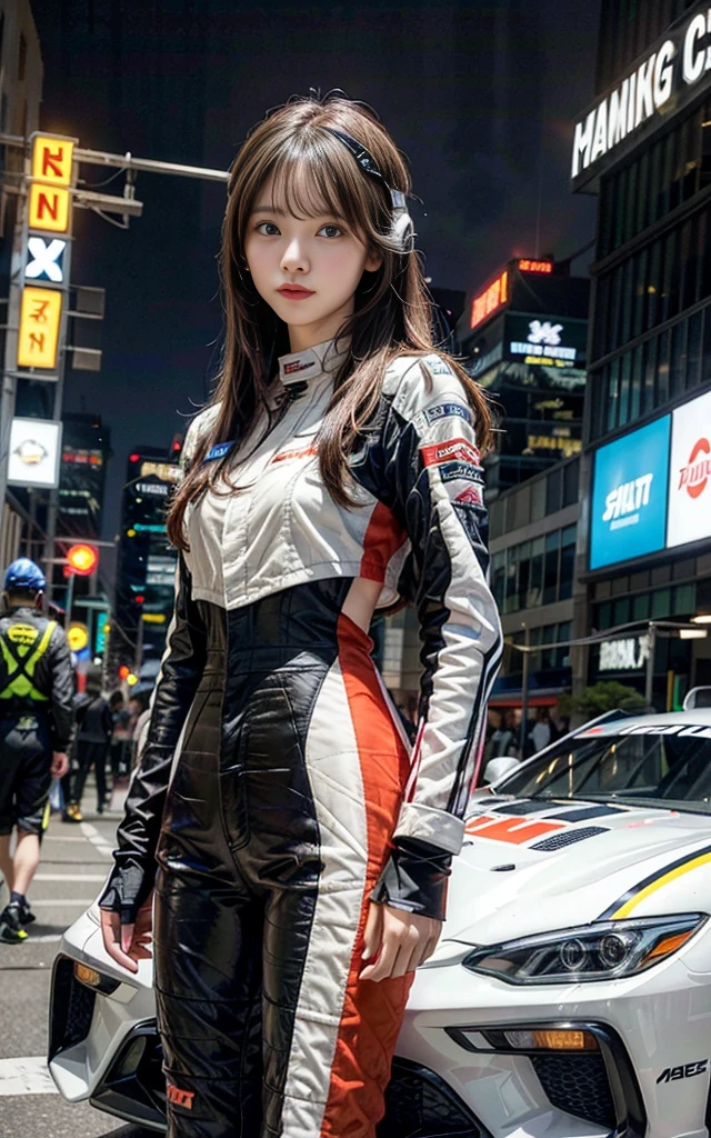 In the neon-lit streets of a futuristic city、A woman standing in front of a racing car。she、Wearing a futuristic racing suit、Posing with a helmet in hand。In the background、The lights from the skyscrapers and racing car headlights create a dazzling trail of light、Creating a futuristic atmosphere。