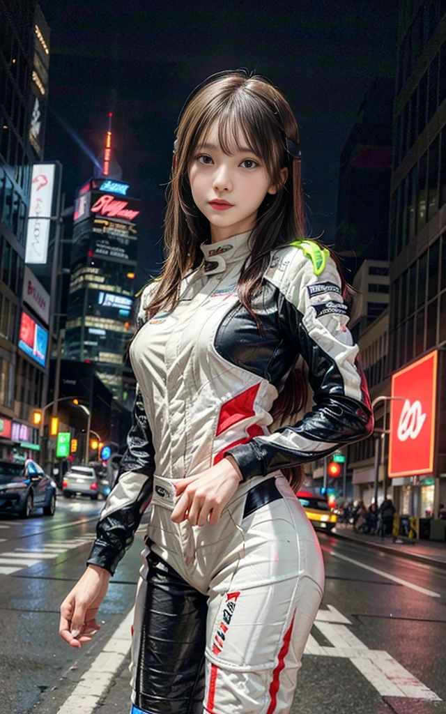 In the neon-lit streets of a futuristic city、A woman standing in front of a racing car。she、Wearing a futuristic racing suit、Posing with a helmet in hand。In the background、The lights from the skyscrapers and racing car headlights create a dazzling trail of light、Creating a futuristic atmosphere。