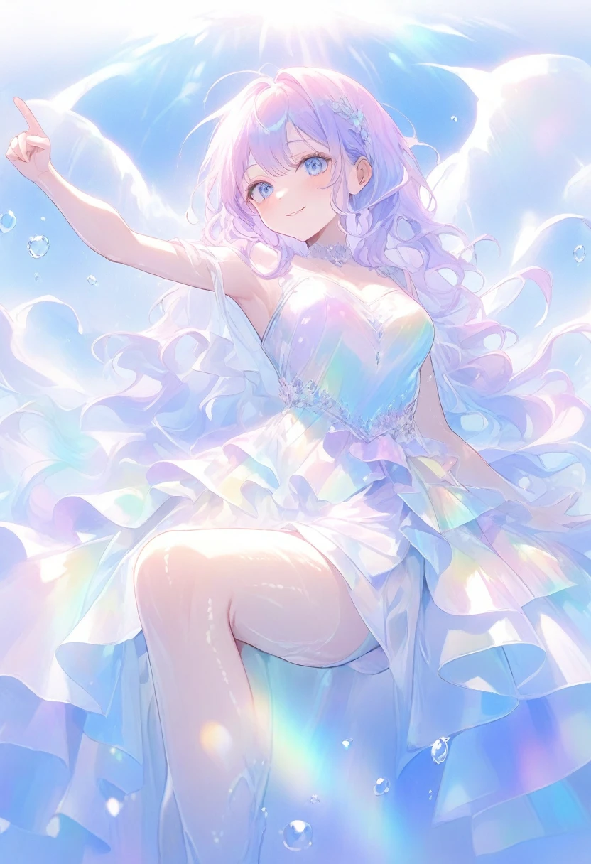 (Super detailed, 8K, best quality, ultra detailed, masterpiece), underwater, A lot of bubbles, Paleblue-blue gradient coloed water, nice, bright, Light shines through the water, Beautiful and mysterious lady with a sweet smile, ((She is holding her leg close to her body and pointing her right toe.floating on her back in water)), The girl is tall and medium bust,sparkling dark blue eyes, Her long rainbow-colored hime-cut hair is flowing, a dress made of many layers of fabric, shiny glossy iridescent clothes, shiny reflective clothes, pastel, lens Flare, soft gradient　