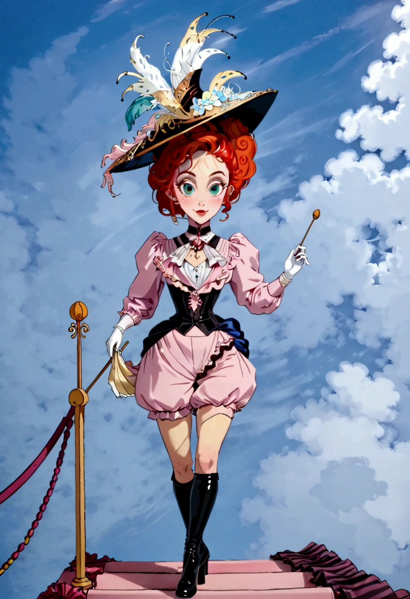 An attractive **** Southern belle. Upper-class airhead. Delicately holding a parasol. Year 1897. Pink high-collar long sleeve 1890_dr3ss. ((Wide-brimmed black hat)). Wasp waist. Bubble butt sticking out. High-waisted ruffled ((bloomers)). Petticoats. Silk stockings. Boots. Gorgeous face, porcelain skin. Full body, realistic, detailed