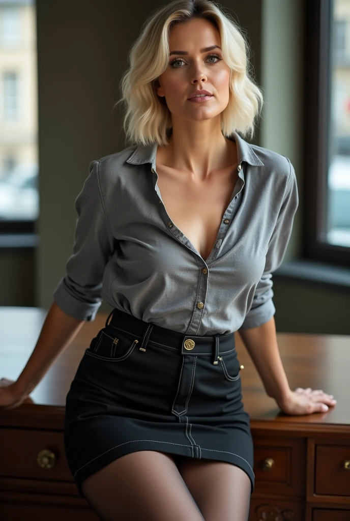 Professional, High level of detail, Full body photo of blonde (attractive 45yo woman:1.3), (classy stylish bob haircut)1.3, (neon gray-colored tight opened shirt)1.4, (rolled up black skirt:1.3), (black stockings), 1.455,natural lighting, (seductive:1.1), (blushing:1.1 ), (classy, elegant, dandy)1.2, (big natural breasts)1.2 (pokies)1.3, (no bra, perky nipples:1.3 )1.2, (toned body, hourglass body shape) (wipe hips) (toned thick thighs), (full body with visible face and eyes)1.5, bending over a desk, (presenting her firm ass to camera)1.5