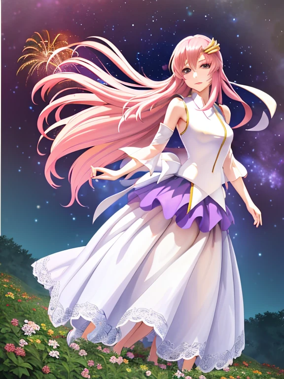 32K,超High resolution,超Highest quality,masterpiece,Hyperrealistic,〜20-year-old female,Full body photo,Full body angle,Whole Body Ezbian,Surreal,Very detailed:1.3,Ultra-realistic:3.0,masterpiece,Detailed eyes,Detailed skin,Detailed face,Shiny skin,Detailed Hair,White skin,Perfect lighting,Glossy Lips,wallpaper,京都animeーション, animeカラーリング ,Produced by Sunrise,BANDAI NAMCO,Klein Lake,Gundam SEED,In 2011〜2024 Era \(style\),masterpiece, Highest quality, High resolution, anime, Lacus 1, One person, alone, Pink Hair, Straight hair, hair ornaments, White sleeves, blue eyes, White Dress, Purple Skirt, Long skirt,Dress,Swimsuit,Yukata, Very long hair, Bare shoulders, Large Breasts, smile, Gundam SEED, In the water lake,retro artstyle,Starry Skyの下,The fireworks are blooming, Great quality, Unbelievably absurd, Very detailed, 2.5D, delicate and dynamic, church, Brightly colored stained glass, Small faint lights and flying fireflies, night, Starry Sky, milky way, nebula, shooting star, Flowers, bird, Wind and Moon, Very delicate facial expressions, Delicate eye depiction, Upper body close-up, erotic, Only sexy women, Healthy body shape, bride,Colorful Tiaras, Long wedding dress with complex structure, Colorful long wedding dresses, See-through long ruffle wedding dress, Extra long cape from head