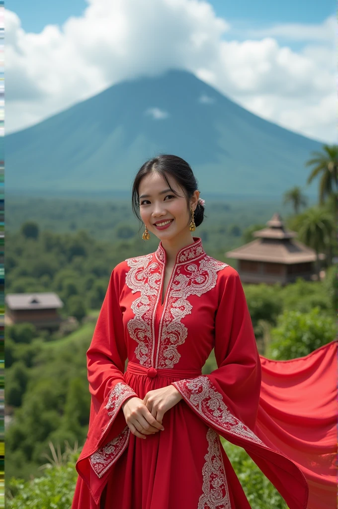 a beautiful woman wearing a traditional red and white Mandar dress with a backdrop of independent Indonesia