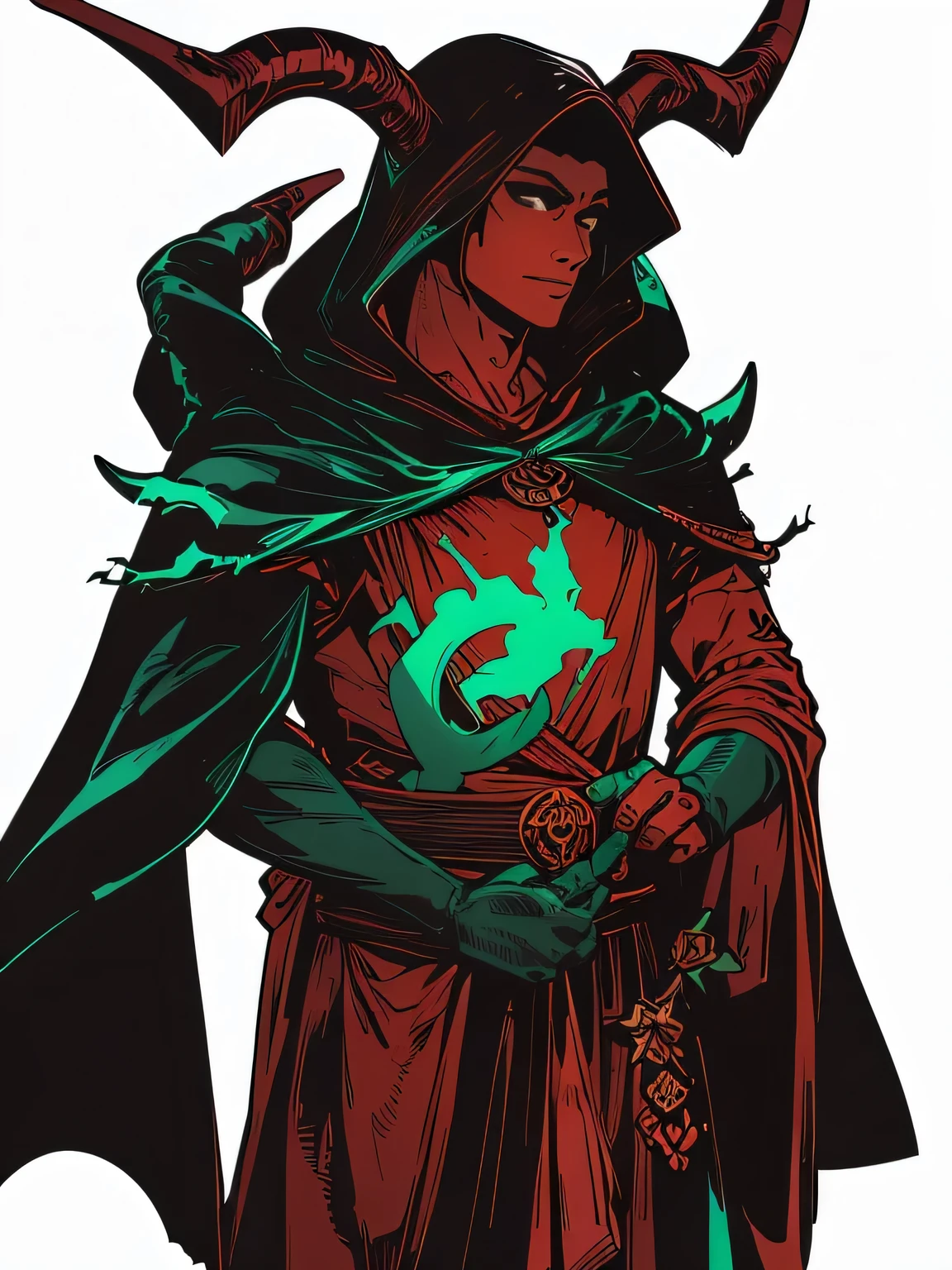 The young red-skinned male tiefling, black costume、green flame、forest in the background, view from three sides.