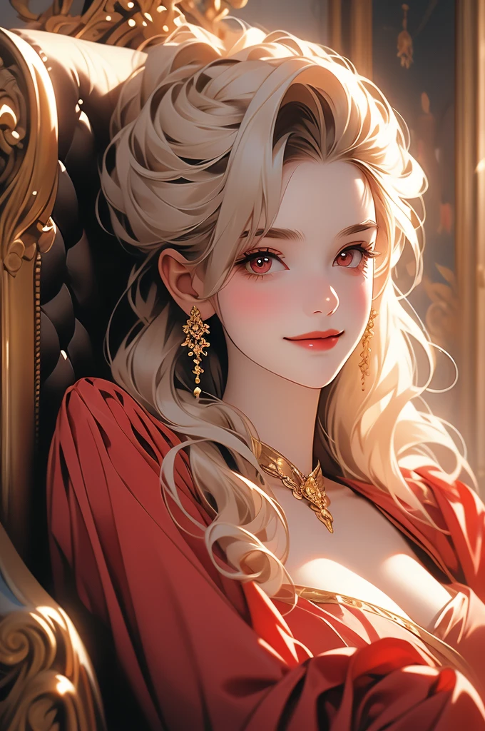 1girl, golden hair, resting in a chair, vampire, opulent dress, red eyes, smiling, victorian style room, portrait, wine glass