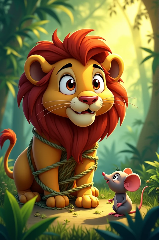 A vibrant cartoon scene in a lush jungle where a large, wide-eyed lion is caught in a thick, tangled net, looking both surprised and concerned. In front of the lion, a small, determined mouse is actively chewing through the ropes of the net, trying to free the lion. The background is filled with green foliage and dappled sunlight filtering through the trees, creating a warm and lively atmosphere. The expressions on the characters’ faces capture the tension and the growing bond between the two unlikely friends.