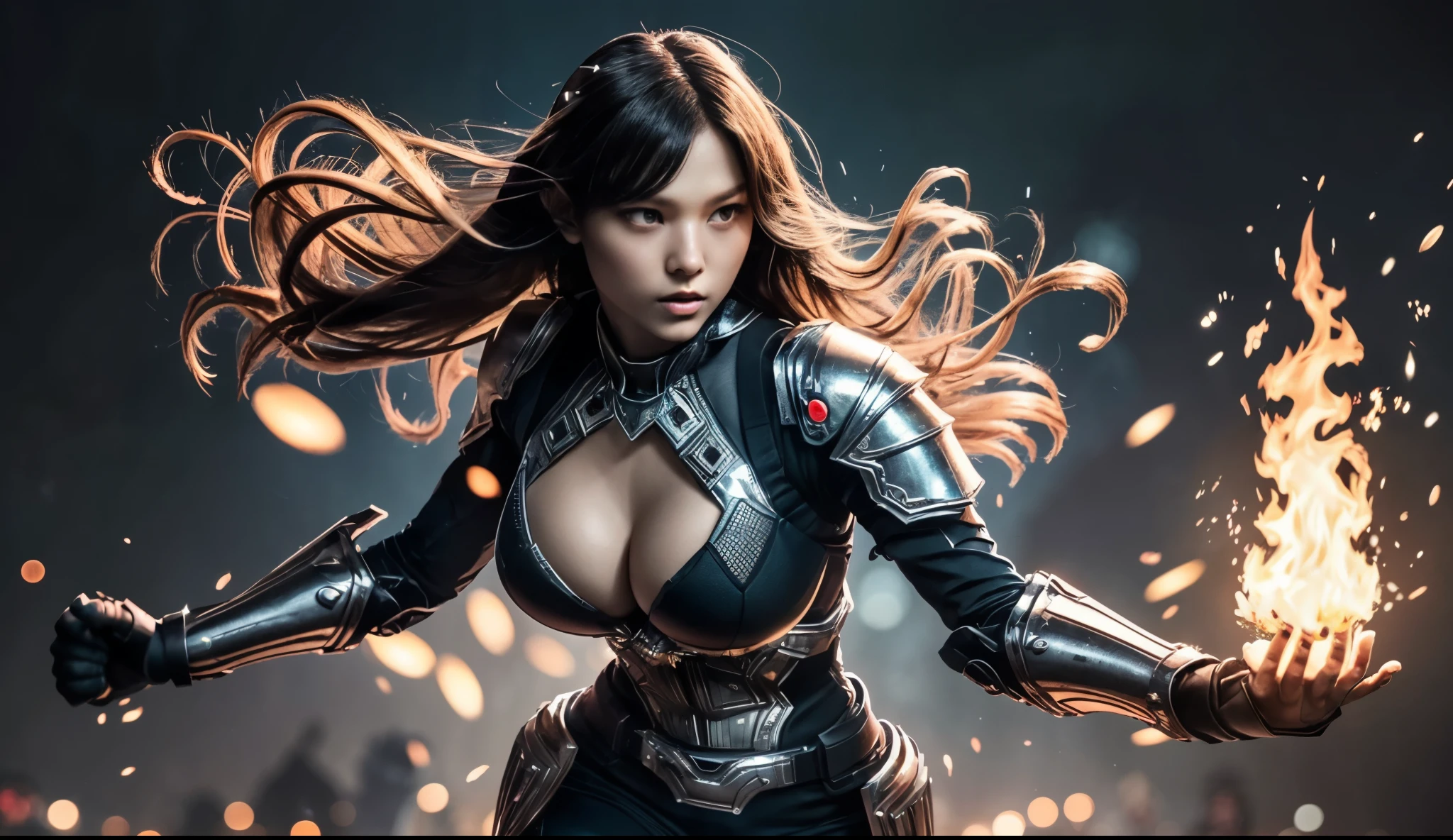 1girl, glowing particles, exoskeleton-like armor, super intricate details, metallic texture, cleavage (gigantic breasts:1.2), sharp focus, floating fire particles, blurry background, bokeh, high quality, masterpiece, unknown creature, neon pop abstract, cinematic lighting, flowing bubbles, vivid, complex image, powerful and strong, dynamic pose, battle-ready stance, warrior-like presence,