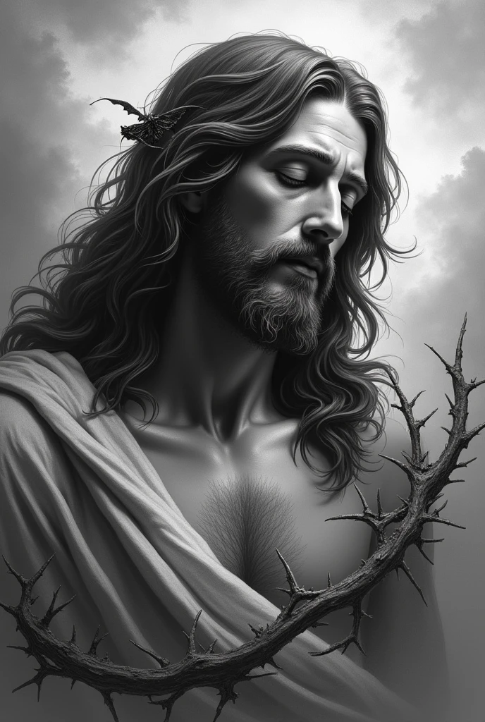 black and grey tattoo of Jesus before being crucified 
