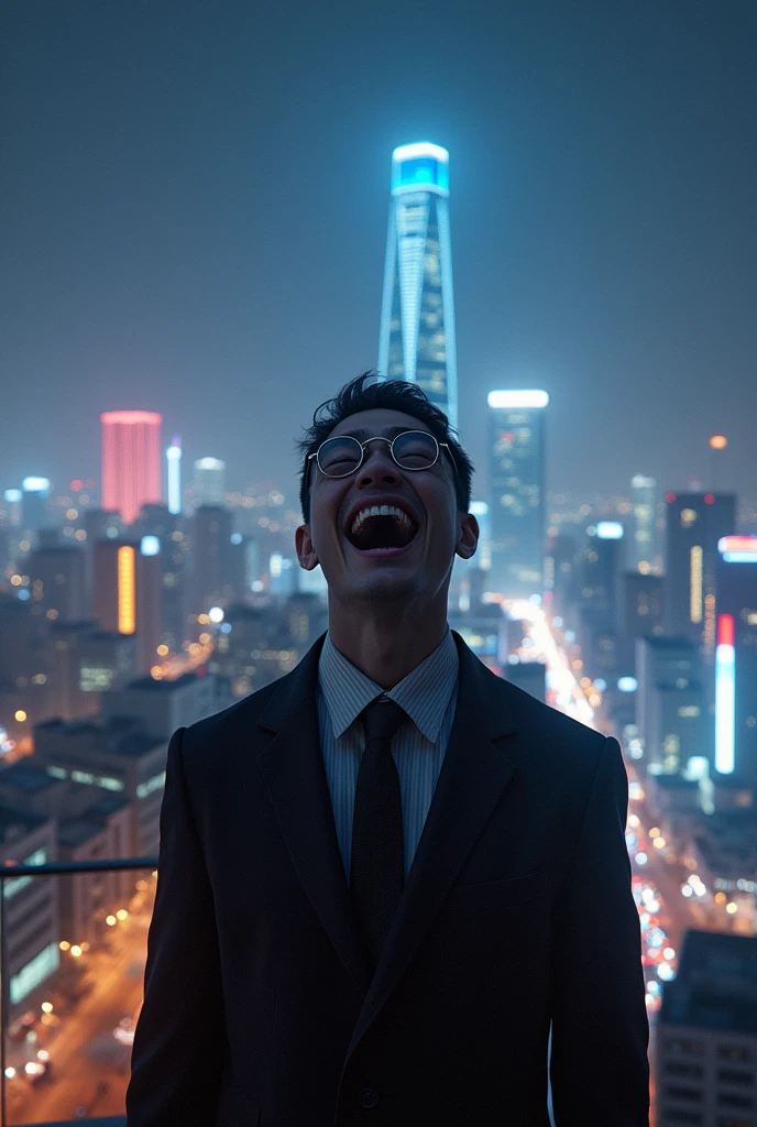 ((scream out))Knotweed Yuren,clear eyes,eyes large,scream out,manly,tiro de close-up, night time scene,date,headbands, smiling, Standing on the terrace of a building, natta, Modern city lights, More CG City, main, cinematic lighting, Lens flare, detailed shading, Detailed lighting, best qualityer, sharp contrast, Spitz, tabletop, illustration, better detail, Better lens flare quality, near sky, Fog in distant cities, Volumetric sky of clouds, detailed facial structure, Satoru Gojo |, JUJUTSU KAİSEN, satoru_five