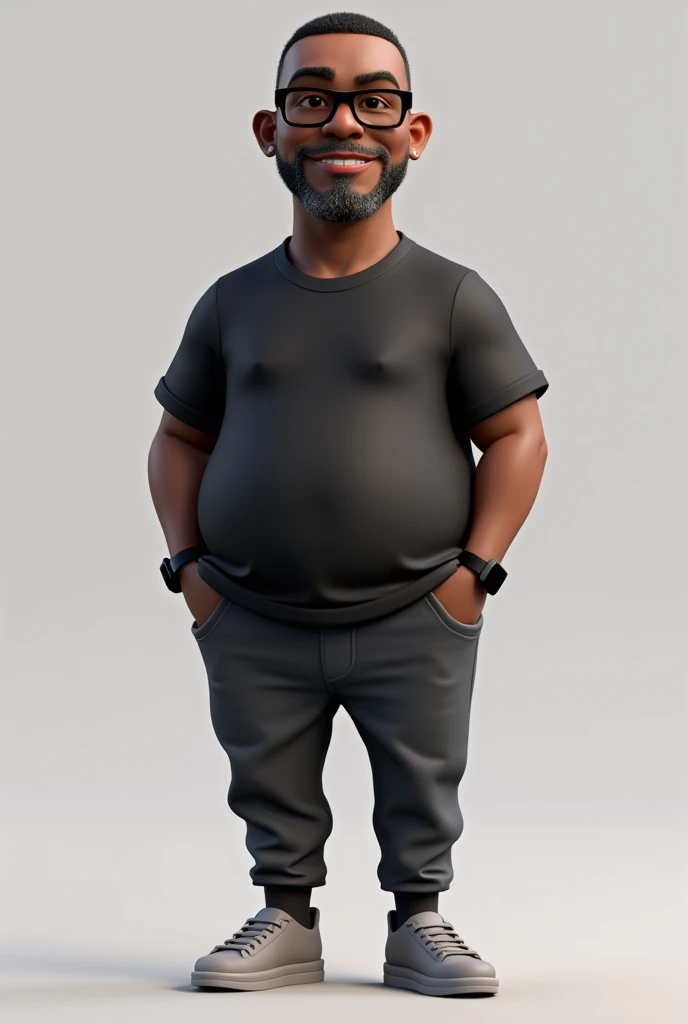 Create a full-body stylized 3D cartoon character of a middle-aged black man, designed with the following detailed specifications:
1. Estilo de Renderização
Estilo: The character should be rendered in a 'Pixar-like' or '3D Cartoon' style, resembling high-quality animation.
Motor de Renderização: Use 'Arnold Maya' or 'Keyshot Toon' render engines to ensure the desired quality.
Detalhamento: Ensure the rendering is of 'high quality' with 'detailed textures', 'detailed skin', a 'clay-like finish', and incorporate 'bokeh effects'.
2. Resolução
Resolução: Set the resolution to '8K' (7680x4320 pixels). If this is not available, select the highest resolution possible.
3. Configurações de Iluminação e Câmera
Iluminação: Choose a 'cinematic' lighting setup with soft, diffused light to enhance skin details and textures.
Foco: Set to 'sharp focus', ensuring the character is fully in focus. Apply 'bokeh effects' if there’s any background (though the background should be transparent).
Câmera: Position the camera at a 'frontal angle', centered to capture the character’s face and full body.
4. Posicionamento do Personagem
Plano de Fundo: Select a 'transparent background' or 'no background' to ensure the character is isolated.
Personagem Completo: Display the character in full body, making sure all details are clearly visible.
5. Expressão Facial e Detalhes Físicos
Expressão: Configure the character's expression to be 'friendly but without a smile'.
Cabelo e Barba: Set the hair to be 'very short, without a topknot', and the beard to be 'trimmed and sparse, with white hairs on the chin'.
Rugas: Add 'two prominent vertical wrinkles' on the forehead between the eyebrows.
Tom de Pele: Choose a 'dark brown skin tone with a warm undertone'.
Óculos e Roupa: Equip the character with 'modern black reading glasses', an 'oversized black t-shirt', and 'dark gray pants without a belt'.
6. Acessórios
Relógio: Include only a 'black smartwatch' on the character's wrist.
7. Verificação Final
Consis