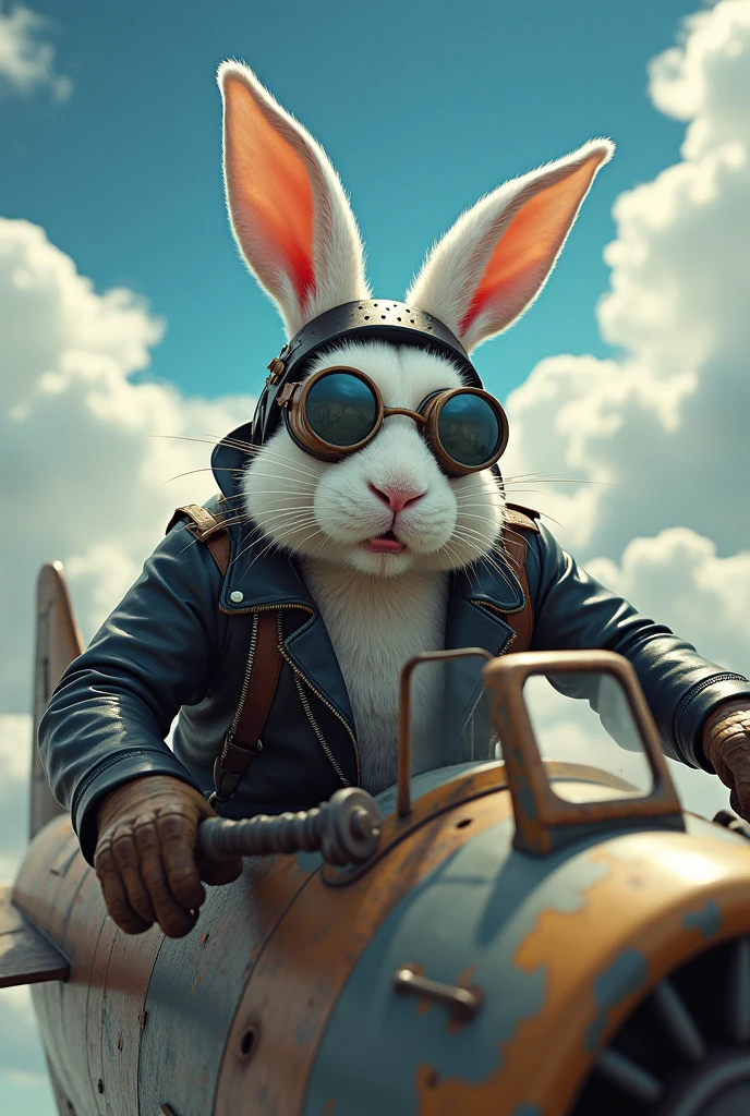 a white male strong rabbits in a leather jacket, helmet and wearing glasses on the eye , flying on an old metal war biplane with its feet inside