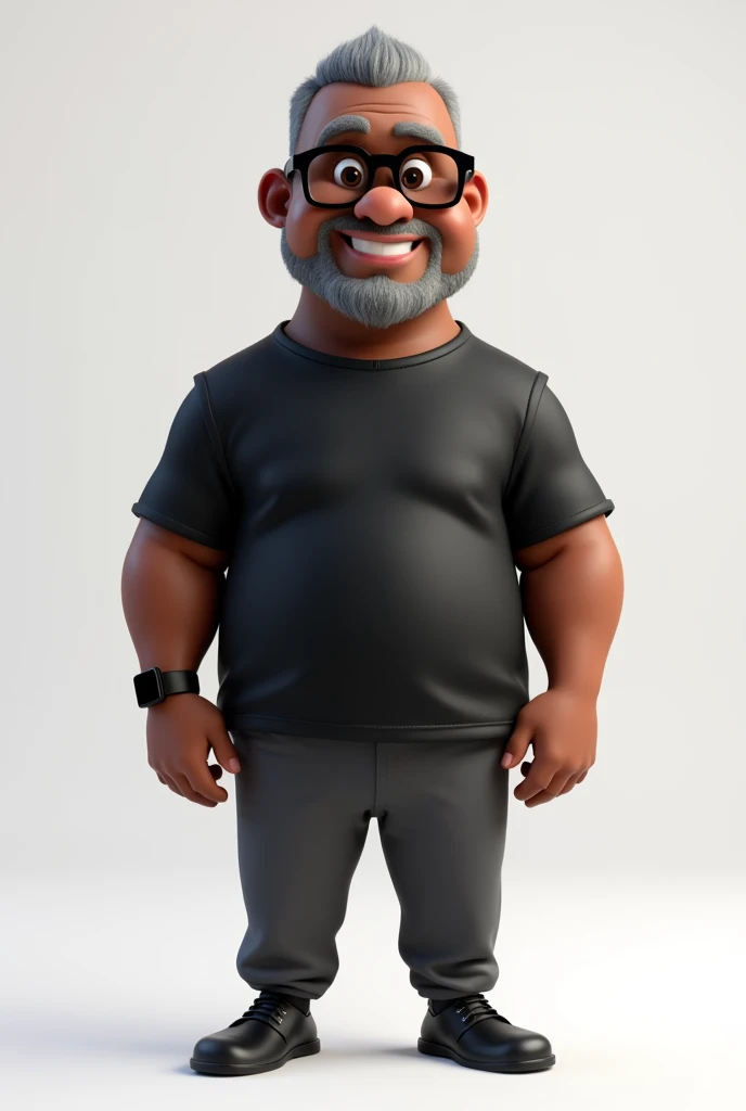 Create a full-body stylized 3D cartoon character of a middle-aged black man, in a 'Pixar-like' or '3D Cartoon' style using 'Arnold Maya' or 'Keyshot Toon'. Render with high quality, including detailed textures, detailed skin, a clay-like finish, and bokeh effects, at 8K resolution or the highest available.

Use 'cinematic' lighting with soft, diffused light, and set a sharp focus with possible bokeh effects (background should be transparent). Position the camera at a frontal angle, capturing the full body of the character.

The character should have a 'friendly but without a smile' expression, very short gray hair (no topknot), a trimmed and sparse beard with white hairs on the chin, two vertical wrinkles on the forehead, and a dark brown skin tone with a warm undertone. Dress him in modern black reading glasses, an oversized black t-shirt, and dark gray pants without a belt. Add only a black smartwatch on his wrist.

Ensure consistency across any variations or multiple images, keeping the base model unchanged.
