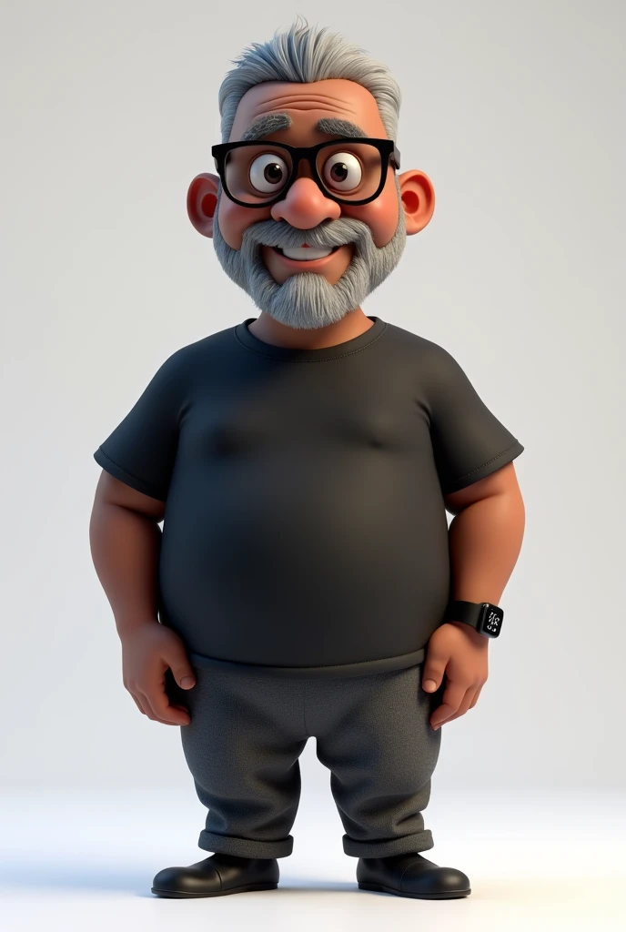 Create a full-body stylized 3D cartoon character of a middle-aged black man, in a 'Pixar-like' or '3D Cartoon' style using 'Arnold Maya' or 'Keyshot Toon'. Render with high quality, including detailed textures, detailed skin, a clay-like finish, and bokeh effects, at 8K resolution or the highest available.
Use 'cinematic' lighting with soft, diffused light, and set a sharp focus with possible bokeh effects (background should be transparent). Position the camera at a frontal angle, capturing the full body of the character.
The character should have a 'friendly but without a smile' expression, very short gray hair (no topknot), a trimmed and sparse beard with white hairs on the chin, two vertical wrinkles on the forehead, and a dark brown skin tone with a warm undertone. Dress him in modern black reading glasses, an oversized black t-shirt, and dark gray pants without a belt. Add only a black smartwatch on his wrist.
Ensure consistency across any variations or multiple images, keeping the base model unchanged.