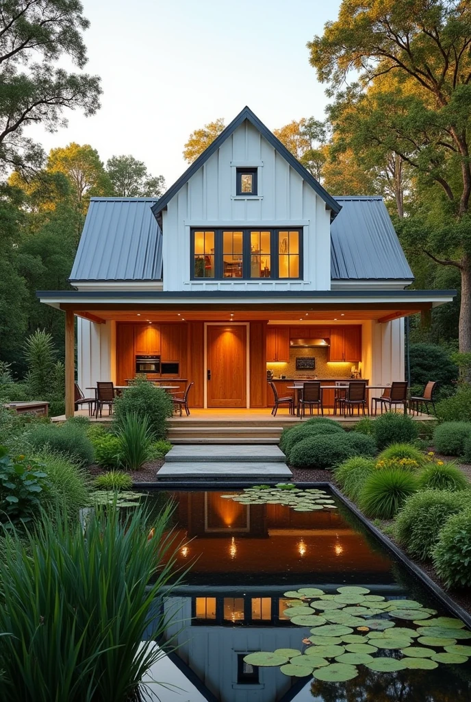 Design a modern farmhouse-style garden house with familiar lines and many wooden doors. The house is set in a lush garden with many trees, a nursery, and a large pond. Use wood and stainless steel materials, with a white and gray color scheme. The perspective is at sunset with orange-yellow light streaming through large windows. The kitchen is open with a large, airy baking island. The house is single-story with a pitched roof.