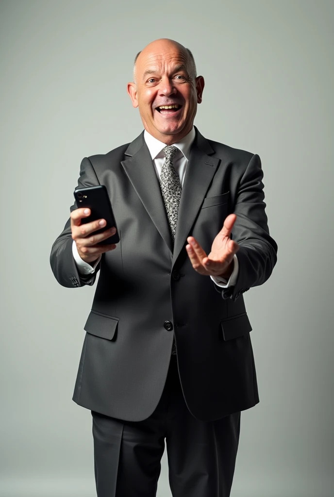 A middle-aged man with a half-bald head and an exaggerated, smug grin, wearing an ill-fitting, crumpled business suit and a poorly knotted tie. His facial expression combines an over-the-top sense of self-importance with clear uncertainty, giving him a slightly foolish appearance. He holds a smartphone awkwardly in one hand while gesturing wildly with the other as if he's trying too hard to impress. His posture is hunched, almost slouched, emphasizing his unrefined, clumsy demeanor.. The background is plain, focusing entirely on the character's appearance and personality., master part, extremely detaild, best qualityer, extremely detaild, as dr. Gregory House. (8k, top-quality, best qualityer, Masterpiece artwork, highy detailed: 1.2), (de meio corpo:1.3)