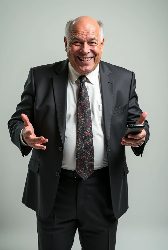 A middle-aged man with a half-bald head and an exaggerated, smug grin, wearing an ill-fitting, crumpled business suit and a poorly knotted tie. His facial expression combines an over-the-top sense of self-importance with clear uncertainty, giving him a slightly foolish appearance. He holds a smartphone awkwardly in one hand while gesturing wildly with the other as if he's trying too hard to impress. His posture is hunched, almost slouched, emphasizing his unrefined, clumsy demeanor.. The background is plain, focusing entirely on the character's appearance and personality., master part, extremely detaild, best qualityer, extremely detaild, as dr. Gregory House. (8k, top-quality, best qualityer, Masterpiece artwork, highy detailed: 1.2), (de meio corpo:1.3)