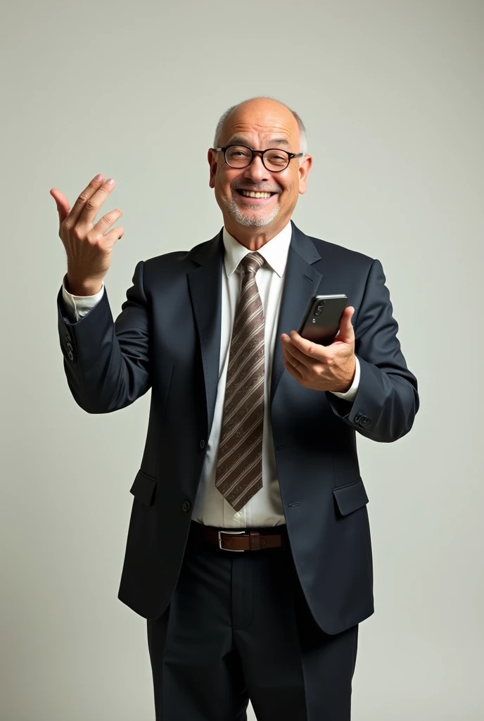 A middle-aged man with a half-bald head and an exaggerated, smug grin, wearing an ill-fitting, crumpled business suit and a poorly knotted tie. His facial expression combines an over-the-top sense of self-importance with clear uncertainty, giving him a slightly foolish appearance. He holds a smartphone awkwardly in one hand while gesturing wildly with the other as if he's trying too hard to impress. His posture is hunched, almost slouched, emphasizing his unrefined, clumsy demeanor.. The background is plain, focusing entirely on the character's appearance and personality., master part, extremely detaild, best qualityer, extremely detaild, as dr. Gregory House. (8k, top-quality, best qualityer, Masterpiece artwork, highy detailed: 1.2), (de meio corpo:1.3)